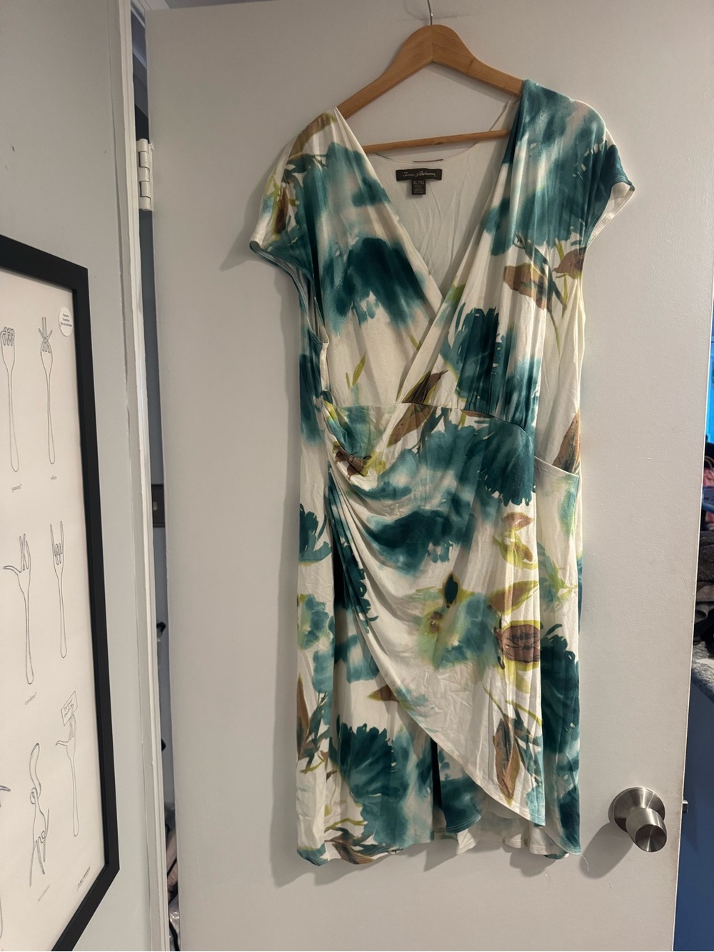 Tommy Bahama Teal, Cream & Brown Floral Faux-Wrap Midi Dress XL